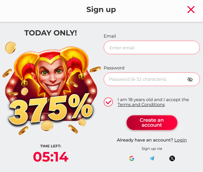 Shiny Joker casino registration form